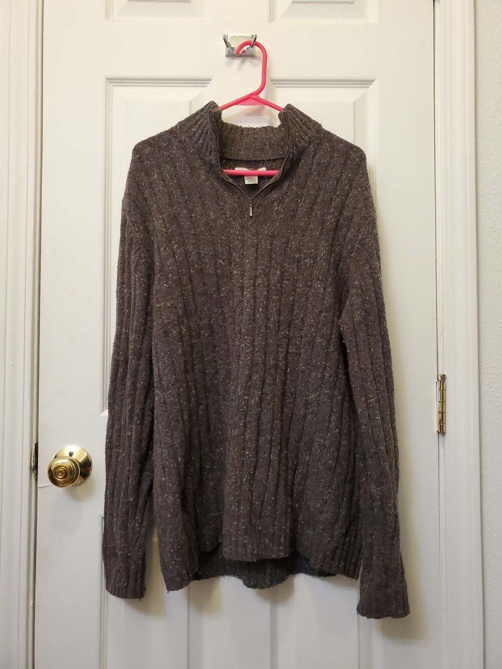 Vintage Men's Brown Speckled Wool Blend Ribbed Quarter Zip Sweater